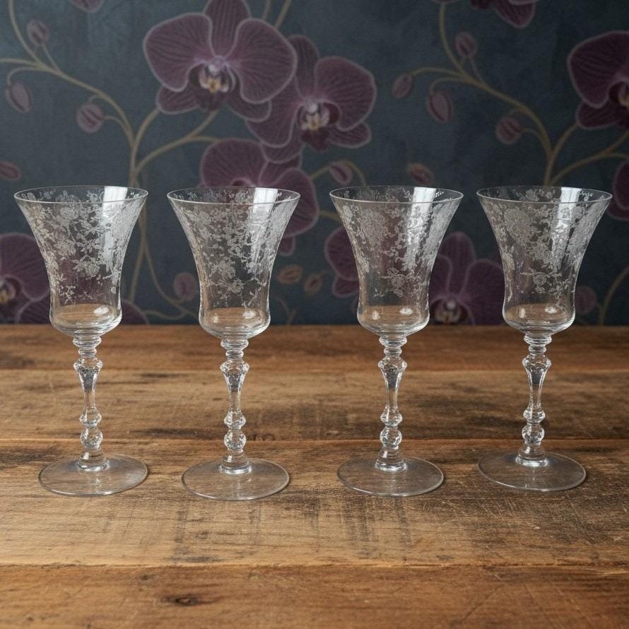 Vintage Rare Heisey Orchid Crystal Goblet Wine Etched Glass (1940-1957) 8.5″