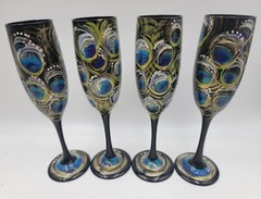 MCM Deep Black Glass Champagne Flutes 8 3/4in” Set of 4