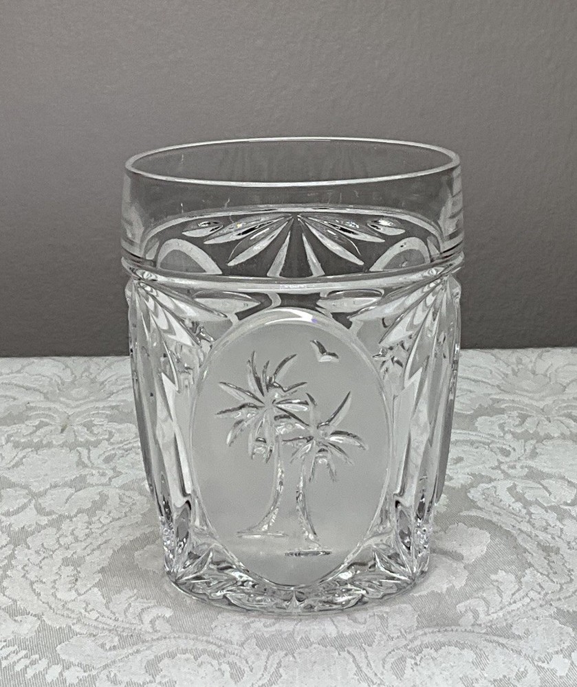 Saks Fifth Avenue Signed Double Old Fashion Whiskey Tumbler Glass Palm Trees