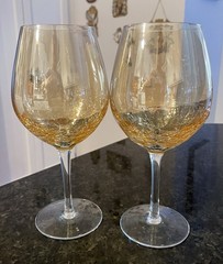 (2) Pier 1 Crackle Amber Golden Luster Red Wine Goblets/ Glasses~ 20oz~