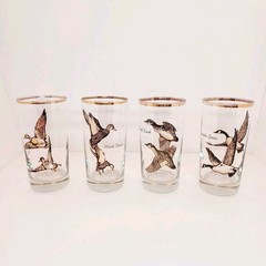 4 VTG Wild Game Bird Highball Glasses Gold & Black With Gold Rim MCM **