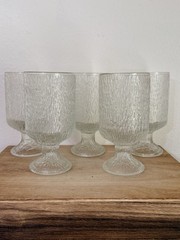 Indiana Glass Crystal Ice Tree Bark Water Goblets Set 5 Frosted MCM Glassware 6″