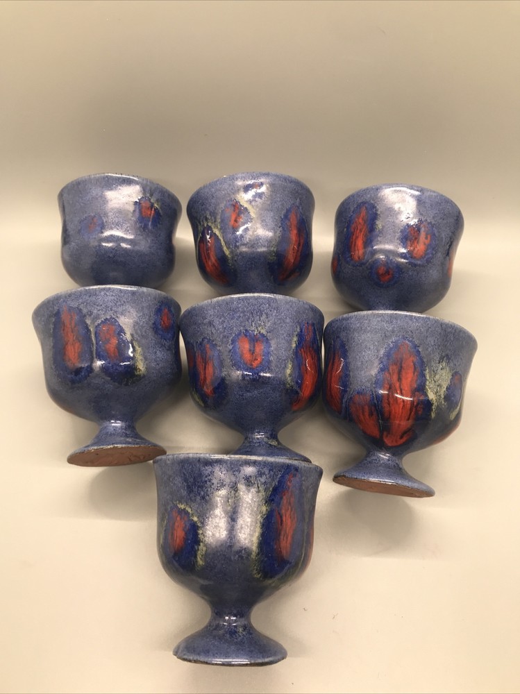 Louis Philippe Signed Set OF 7 Pottery Small Goblets Blue and Red 2 3/4” High