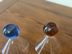 Set of 2 Post Modern Clear Glass Martini Glasses Blue & Amber Ball Base