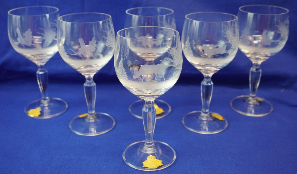 Wildlife Hunting Man Cave Crystal Set of 6 White Wine Glasses NWT Germany (Y7)