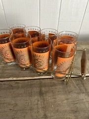 Jeannette Glass Aztec Orange 22-Karat Gold Sunburst Highball Vtg Rare w/ Carrier
