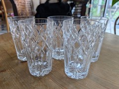5 Excellent Cut Crystal Highball Glasses Tumblers Diamond Pattern Matching Set