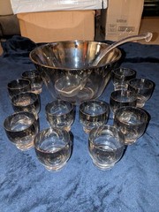 Mercury Silver Fade Punch Bowl W/ 12 Cocktail Glasses & Glass Ladel No Damage