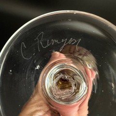 C. Runyon Studio Art Glass Wine Goblet Cranberry Gold Swirl Signed Hand Blown