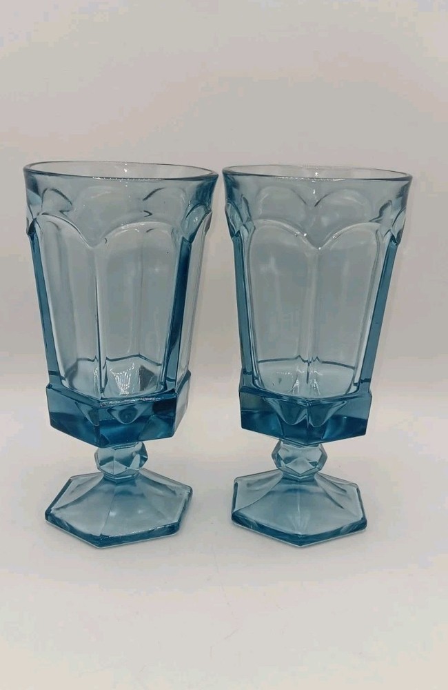 Vintage Fostoria Virginia Light Blue Iced Tea Glass Water Goblets Set of 2 Heavy