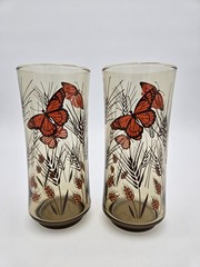 Libbey Monarch Butterfly Wheat Stalk Tawny Smoke Brown Glasses Set of 2 Vintage