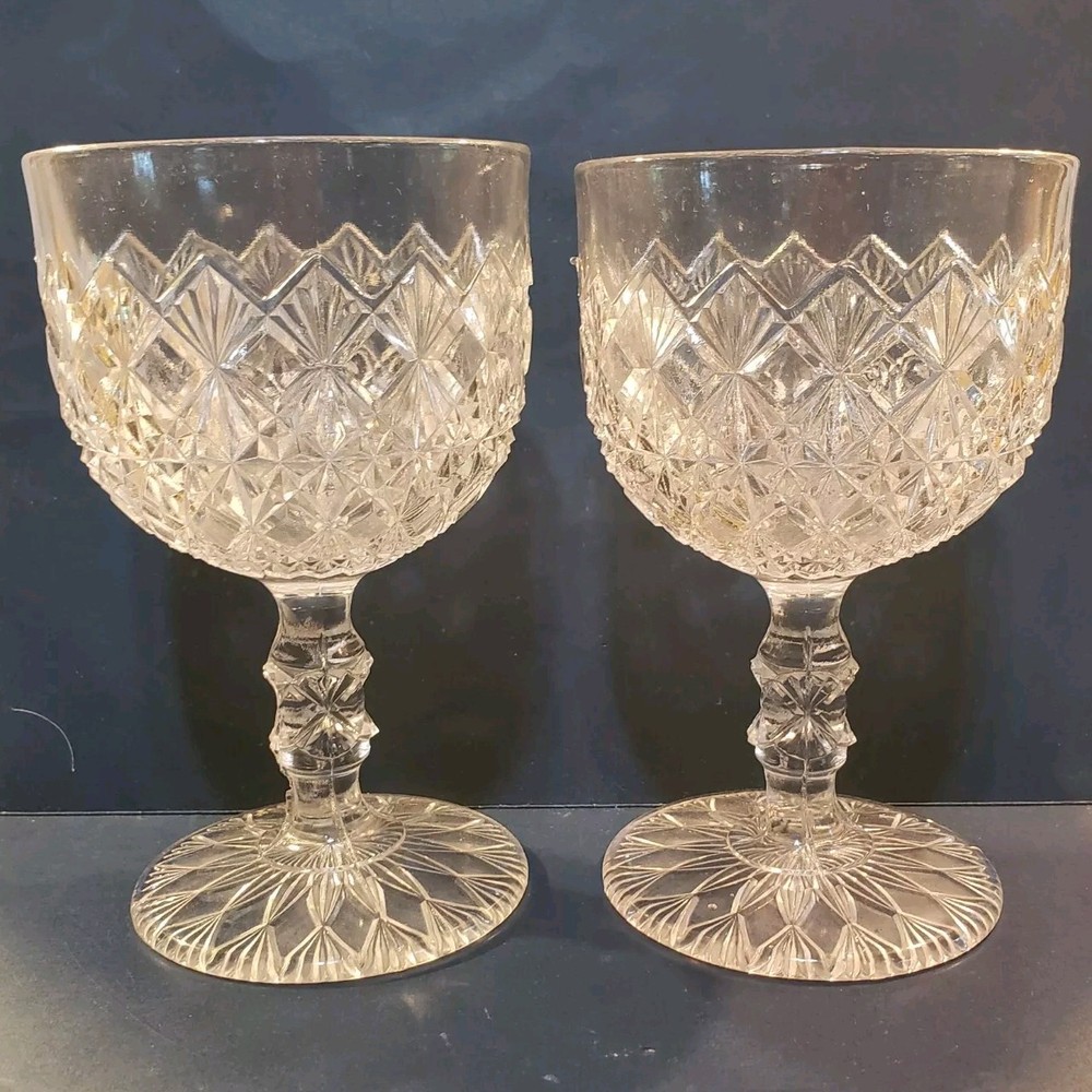 EAPG King, Sons & Co. No. 25 FINE CUT & BLOCK Clear 6” H Goblet c 1886 Set Of 2