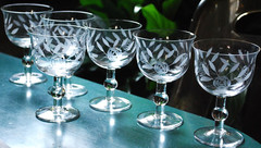 Vintage Set 6 HAND CUT Wine Glasses Ball Stem GREY CUT ROSES w LEAVES 4.5″