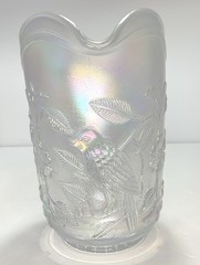 Iridescent White Imperial Glass Water Pitcher w/ 6 Tumblers Singing Birds