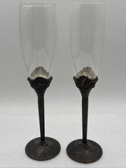 Pair Of Vintage Wallace Pewter 10.5” Champagne Glass Flutes Baroque Scrollwork