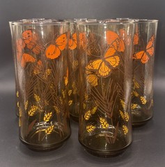 8 MCM Libbey Butterflies & Wheat Amber, Orange & Yellow 6.5” Tumblers 16 Oz MINT