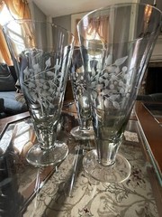 4 Lenox Crystal Etchings Smoky Green Water Or Ice Tea Glasses – Very Pretty!