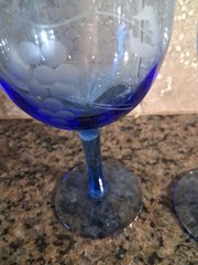 Etched Vintage Hand Blown Glass 6″ Goblet, Grape Design, Blue Set of 2
