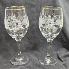 Libbey Arbys Frosted Winter Tree Scene Lot of 2 Wine Glasses/Goblet w/Gold Rim