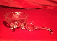Vintage Etched Floral Glass Mayonnaise Bowl & Spoon Ladle Small BX2 (N7-1)
