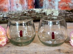 Set of 2 Rolly Polly Heart Glasses Handblown Red & Pale Green Mexican Folk Art