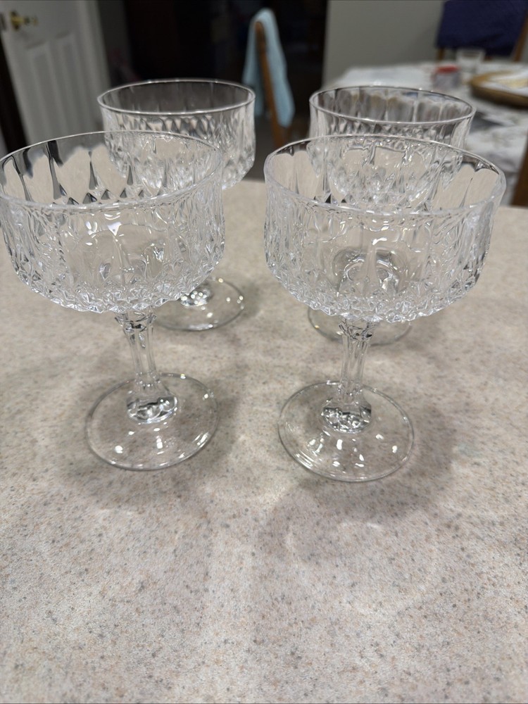 Vintage Cristal d’ Argues Champagne Coupe Glasses Diamond Cut Stemware Set 4