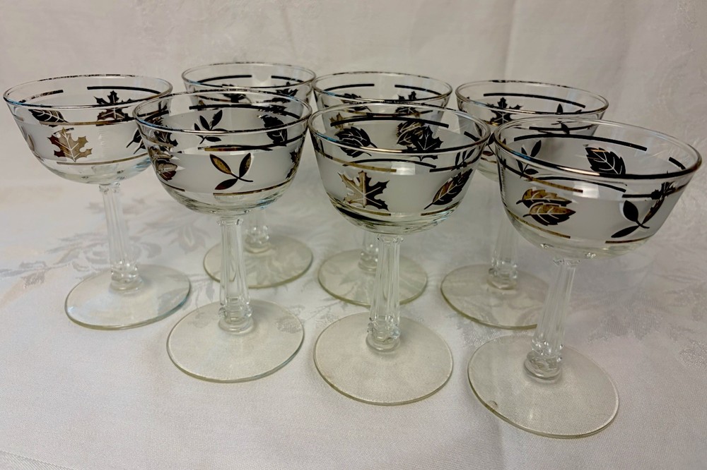 Set of 8 Vintage Libbey Style Silver Leaf Champagne Coupe Sherbet Glasses 5”