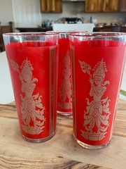 Culver Glass Mid-Century Red & Gold Thai Goddess Highball Glasses, set of 3, EUC