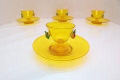 SET 4 Salviati Murano Yellow Art Glass Dessert Fruit Bowl Cups Saucer Venetian