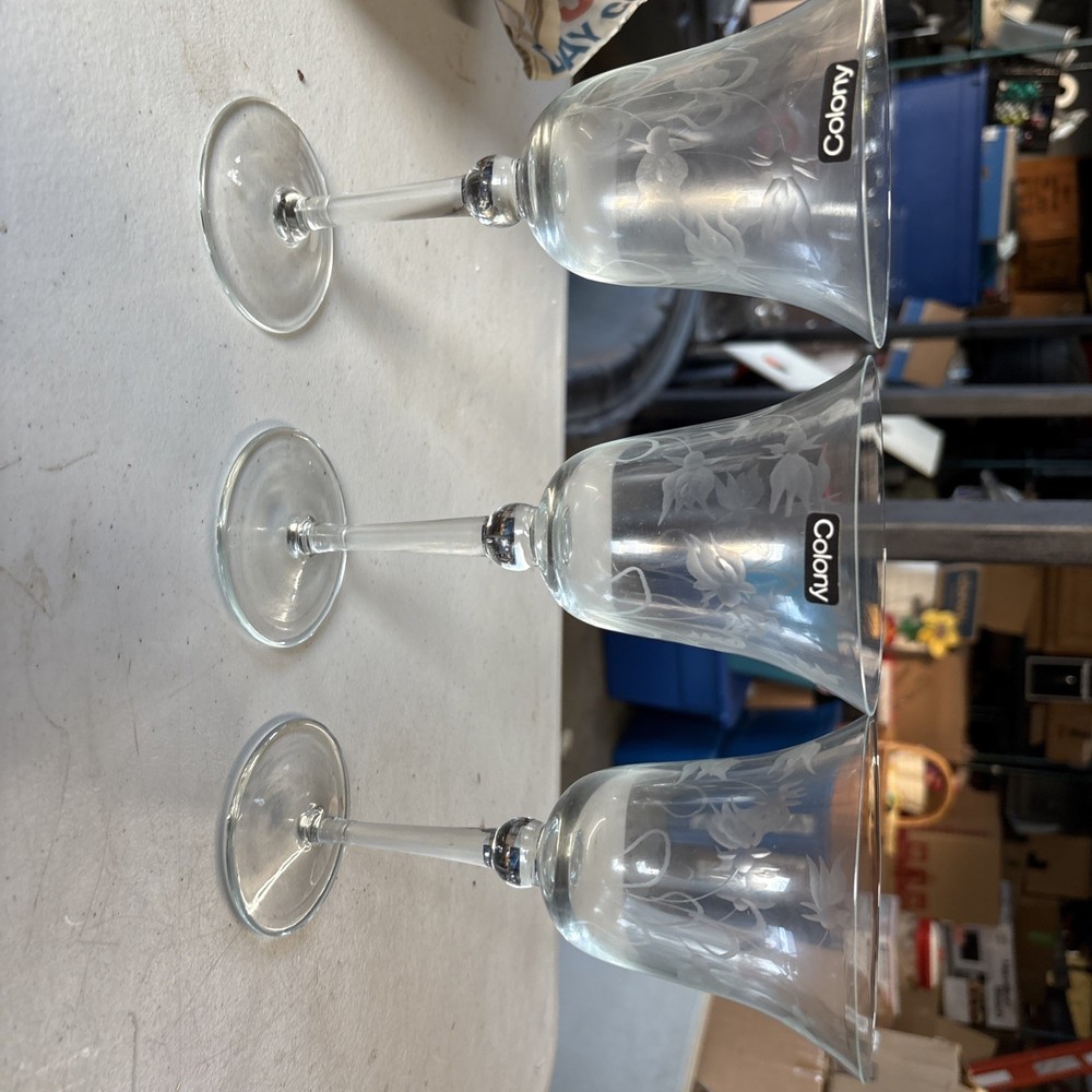 Vintage Crystal Etched Floral Design Wine Glasses For Gift Set of 3