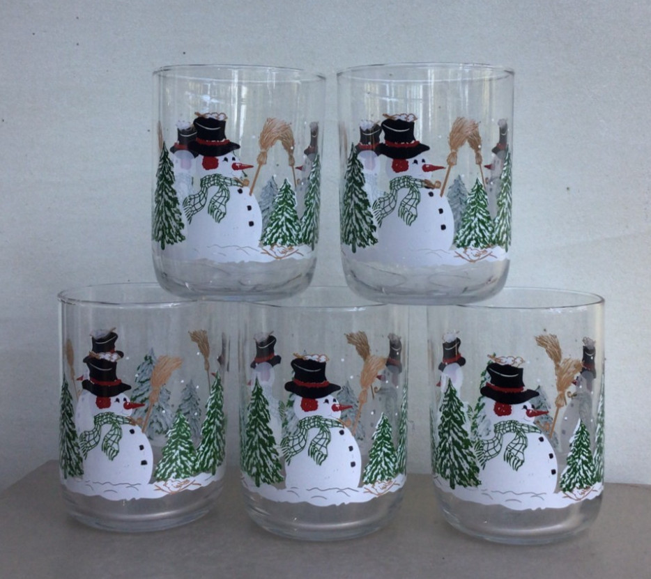 5 Libbey SNOWMAN WITH PINE TREES Winter or Christmas Lowball Old Fashioned Glass