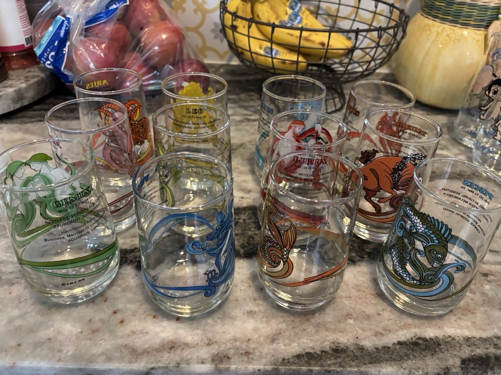 Vintage 1976 Beverly Zodiac Glasses Set of 12 Tumblers Astrology Signs Barware