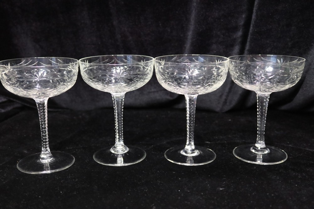 4 CHAMPAGNE SHERBET GOBLETS CUT FLOWERS LEAVES SWIRLS NOTCHED STEM