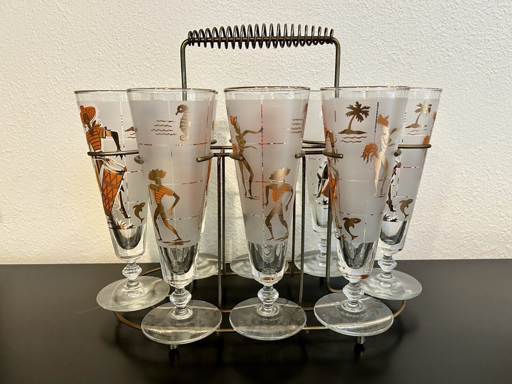 MCM Caribbean Cruise Calypso Pilsner Glasses In Carrier by Libbey Glass RARE