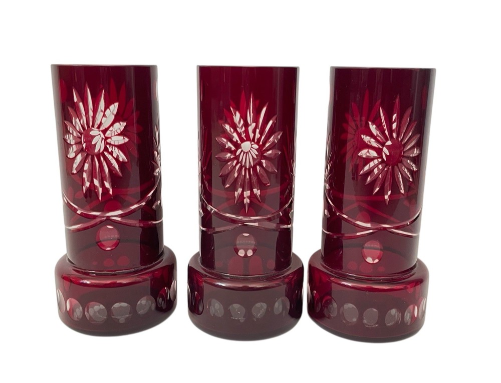 Set of 3 Ruby Red, cut-to-clear Bohemian Art Glass tumbler /Cordial glasses