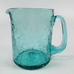 Vintage Crackle Glass Turquoise Aqua Blue Pitcher 6″ Applied Handle Hand Blown