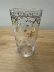 Mid-Century Style Gold and White Snowflake Highball Glass Tumbler, 6.25 Inches
