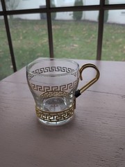 VTG Libbey Clear Glass Gold Greek Key Metal Continental Coffee Cups Tea Espresso