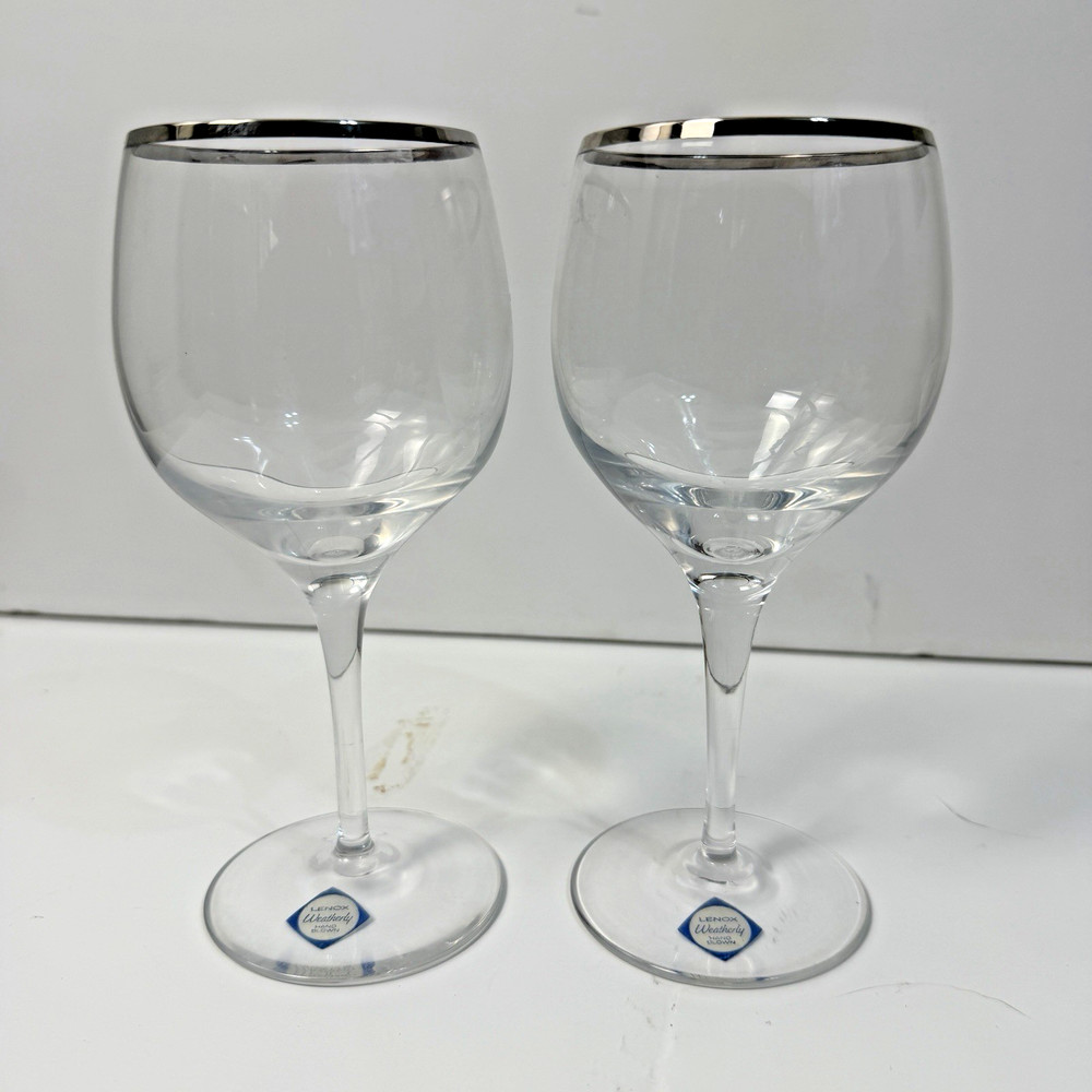 (2) Lenox Weatherly Crystal Wine Glasses with Platinum Rim 7″ Tall NICE