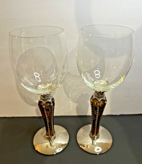 Godinger-Style Amber Stem Wine Goblets – Metal & Glass Stemware Vintage Set of 2