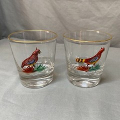 Vtg MCM Handpainted 3D Enamel Pheasant Gold Rim Old Fashion Tumbler Bar Glasses