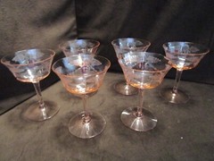 Vintage Glass Optic Etched Flowers Stem set 6-Goblets champagne Pink 5 Oz.1930