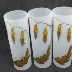 Vtg Set 3 MCM Frosted Hand painted Toms Collins Glasses Tumblers Gold Yellow HTF