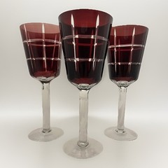 Vintage Set Of 3 Ruby Cut To Clear 2 Wine Glasses. 9″ tall x 3.5″ diameter top