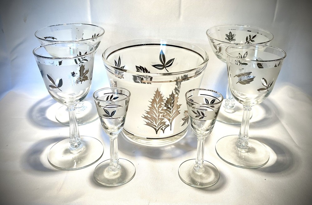 Libbey MCM 1960s Frosted Silver Leaf-6 Glasses & Ice Bucket Cocktail Barware