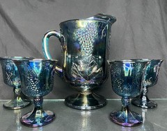 STUNNING 5pc SET!! VTG Indiana Glass Iridescent Blue Carnival Glass Harvest