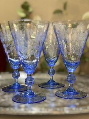 Antique c1920s H.C. Fry Set 4 Blue Azure Wine Glasses Stem Optic Panel Wheel Cut