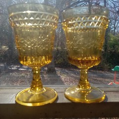 1870s GOLDEN AMBER ADAMS WILDFLOWER NO.140 EAPG MATCHING PAIR OF GOBLETS