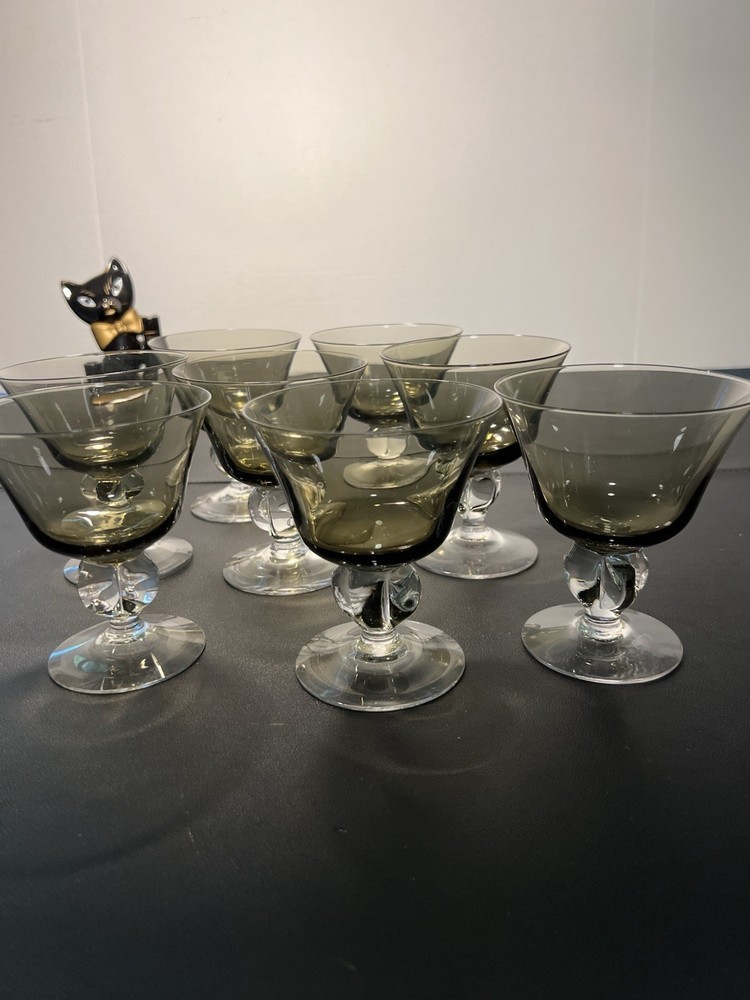 Swedish Crystal 1960s Ingrid Gulli 8 Smoky Lobed Stem Cocktail Glasses, 4.5”