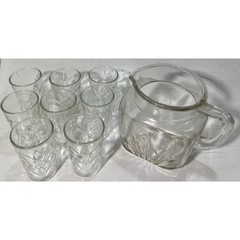 Vintage Clear Glass Lemonade Set Starburst Pitcher 8 Tumblers, MCM